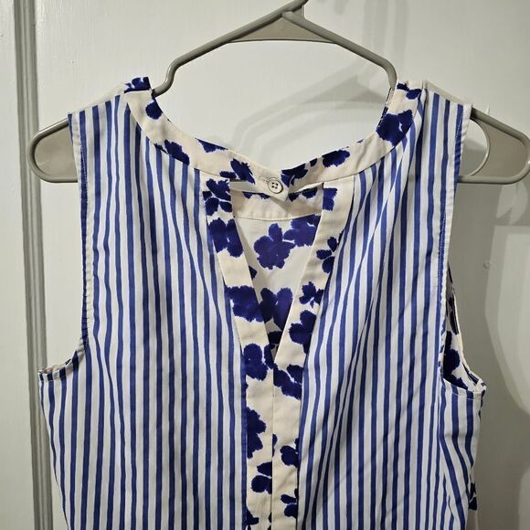 Cabi Hi Low Top Tunic M Striped Floral Blouse Blue White Tank Slit Back #5357 - Picture 5 of 7